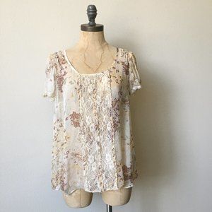 SPLIT BACK FLORAL CHIFFON SHEER BLOUSE